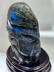 Labradorite Warrior Head Sculpture – Unique Crystal Figurine with Futuristic Tribal Design | Artisan Gemstone Art