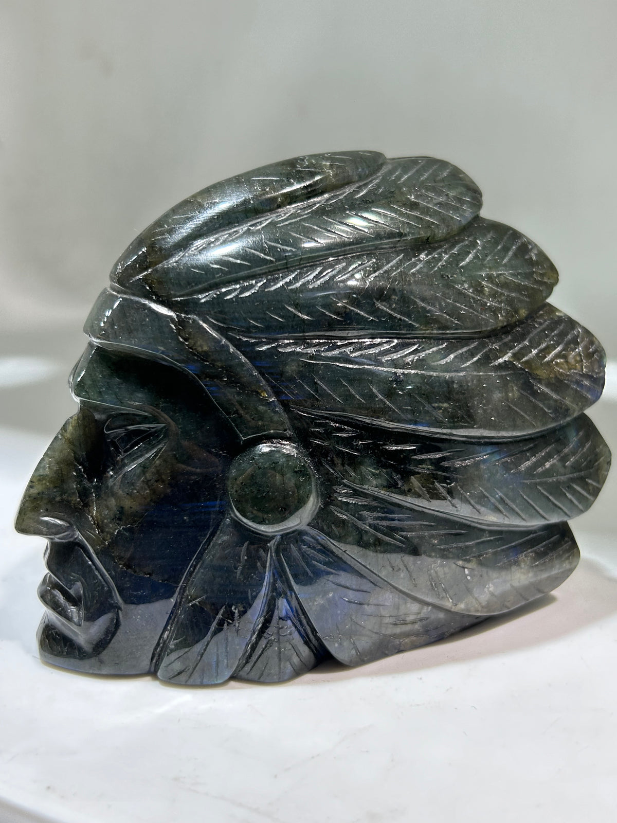 Labradorite Tribal Chief Bust – Artisan Crystal Sculpture with Feather Headdress | Unique Gemstone Home Decor