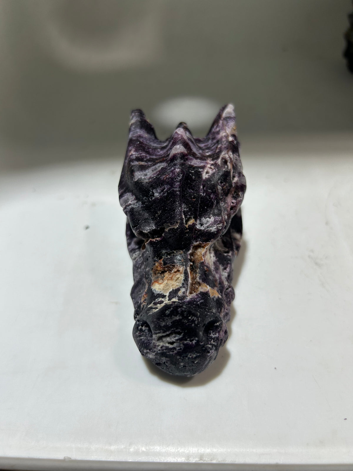 Curious Constellation Sphalerite Dragon Head – Unique Hand-Carved Purple &amp; White Mineral Sculpture