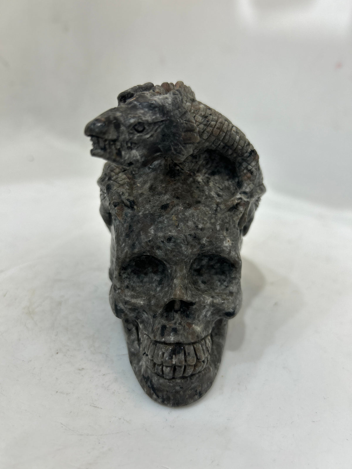 Handcrafted Flame Stone Skull with Dragon Sculpture - Unique Gothic Artwork