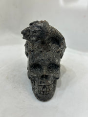 Handcrafted Flame Stone Skull with Dragon Sculpture - Unique Gothic Artwork