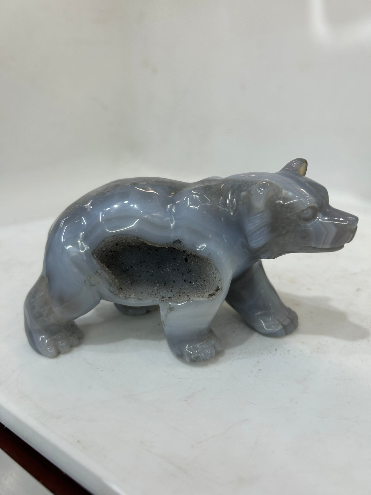 Natural Agate Bear Figurine with Geode Detail - Unique Stone Sculpture