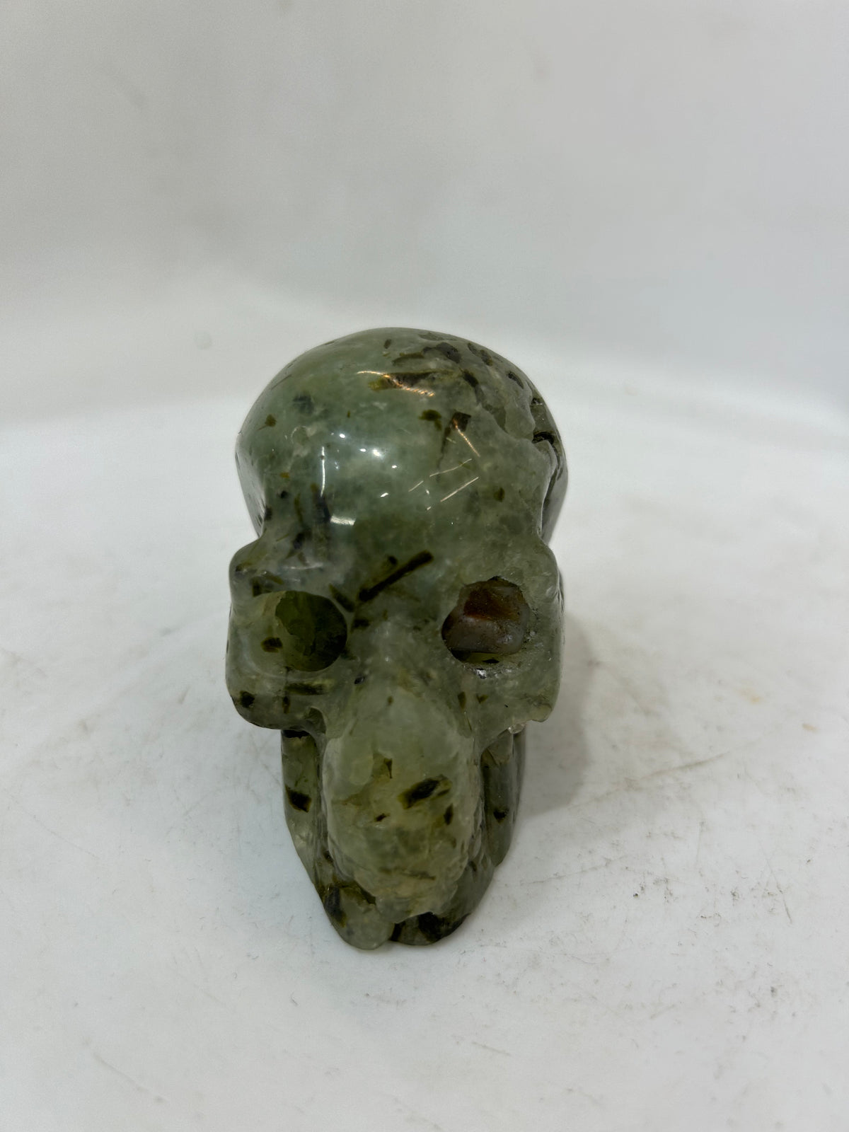 Natural Prehnite Skull Carving - Handcrafted Gemstone Crystal Decor