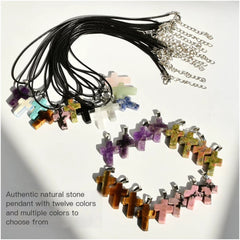 Natural Stone Cross Pendant Necklace – 12 Unique Gemstone Colors