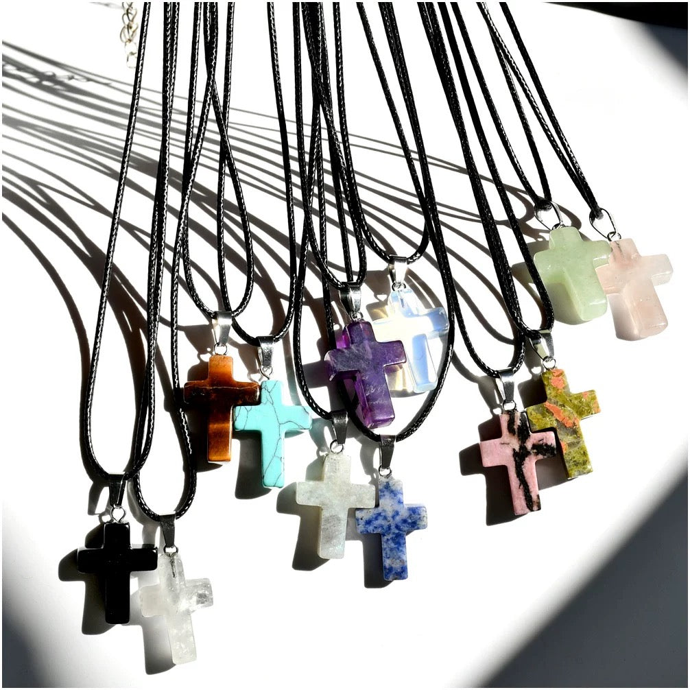 Natural Stone Cross Pendant Necklace – 12 Unique Gemstone Colors