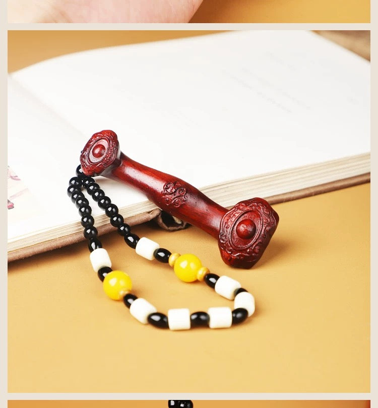 Handcrafted Sandalwood Ruyi Scepter Pendant with Beaded Chain