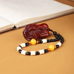 Hand-Carved Sandalwood Cabbage Pendant with Beaded Chain – Symbol of Prosperity and Purity