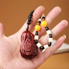 Hand-Carved Sandalwood Cabbage Pendant with Beaded Chain – Symbol of Prosperity and Purity
