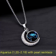 Luminous 12 Constellation Crescent Moon Necklace – Zodiac Glow Pendant