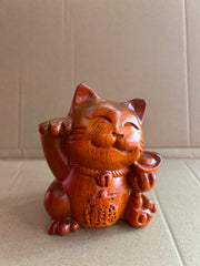 Lucky Wooden Maneki Neko Cat Figurine – Handcrafted Fortune Cat for Prosperity &amp; Good Luck