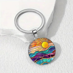 &nbsp;Sunrise Alloy Keychain – Colorful Mountain Landscape Pendant