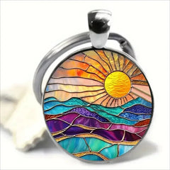 &nbsp;Sunrise Alloy Keychain – Colorful Mountain Landscape Pendant