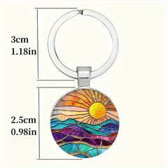 &nbsp;Sunrise Alloy Keychain – Colorful Mountain Landscape Pendant