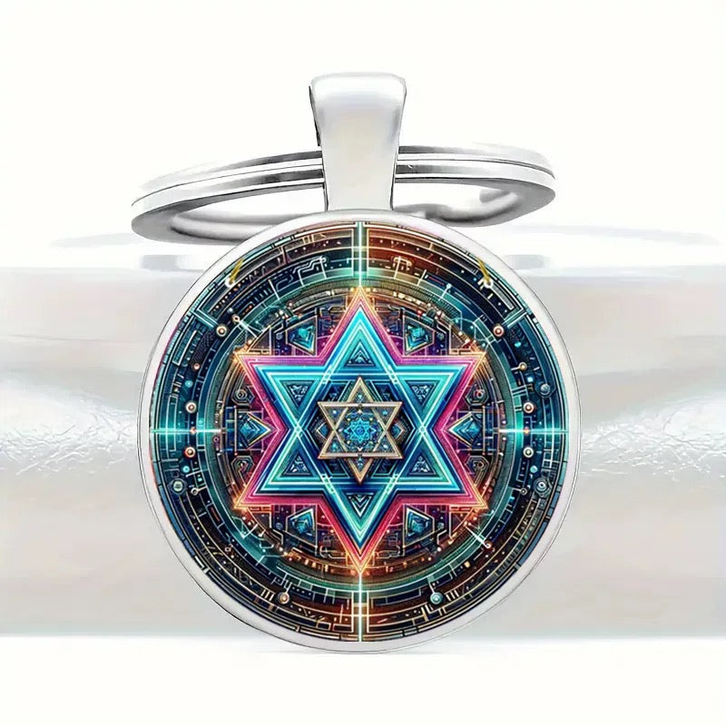 Geometric Alloy Keychain – Futuristic Star Mandala Design