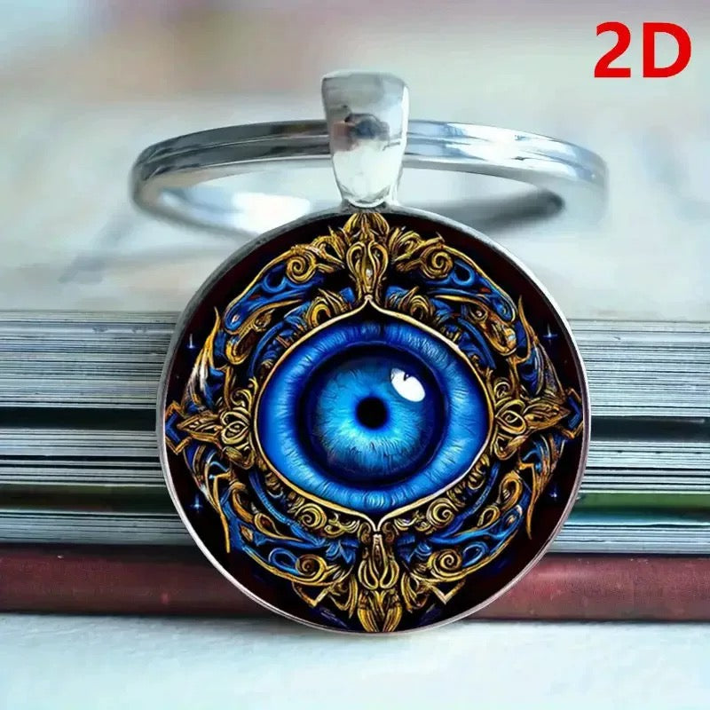 Mystic Blue Eye Alloy Keychain – Intricate Mandala Design