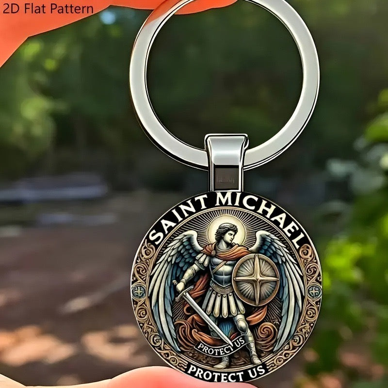 Saint Michael Alloy Keychain – "Protect Us" Guardian Angel Design