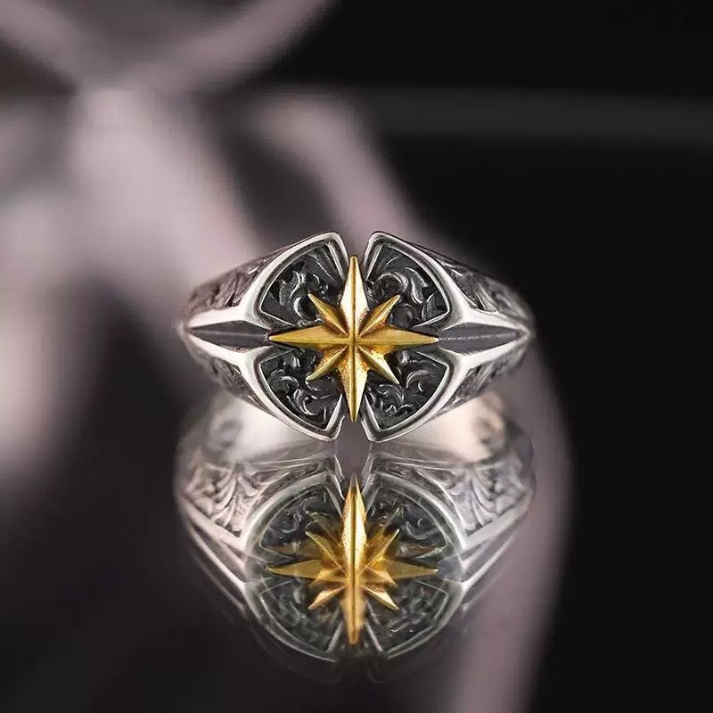 Nordic Compass Star Alloy Ring – Vintage Gold &amp; Silver Tone