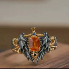 Knight’s Sword &amp; Wings Alloy Ring with Fanta Stone – Medieval Fantasy Statement Jewelry
