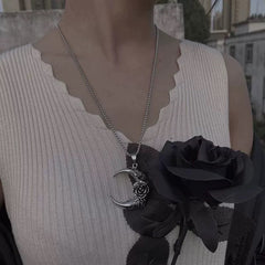 Crescent Moon Pendant Necklace with Black Rose