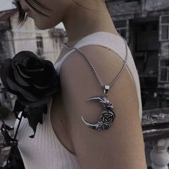 Crescent Moon Pendant Necklace with Black Rose
