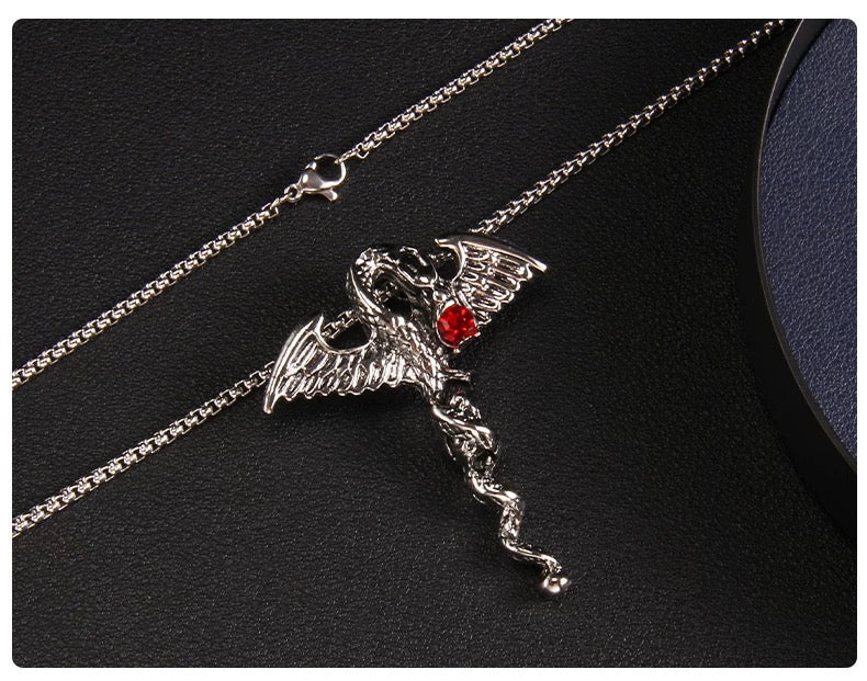 &nbsp;Winged Serpent Pendant Necklace with Red Gem