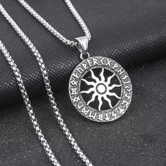 Viking Sun Wheel Rune Pendant Necklace – Norse Amulet with Ancient Runes