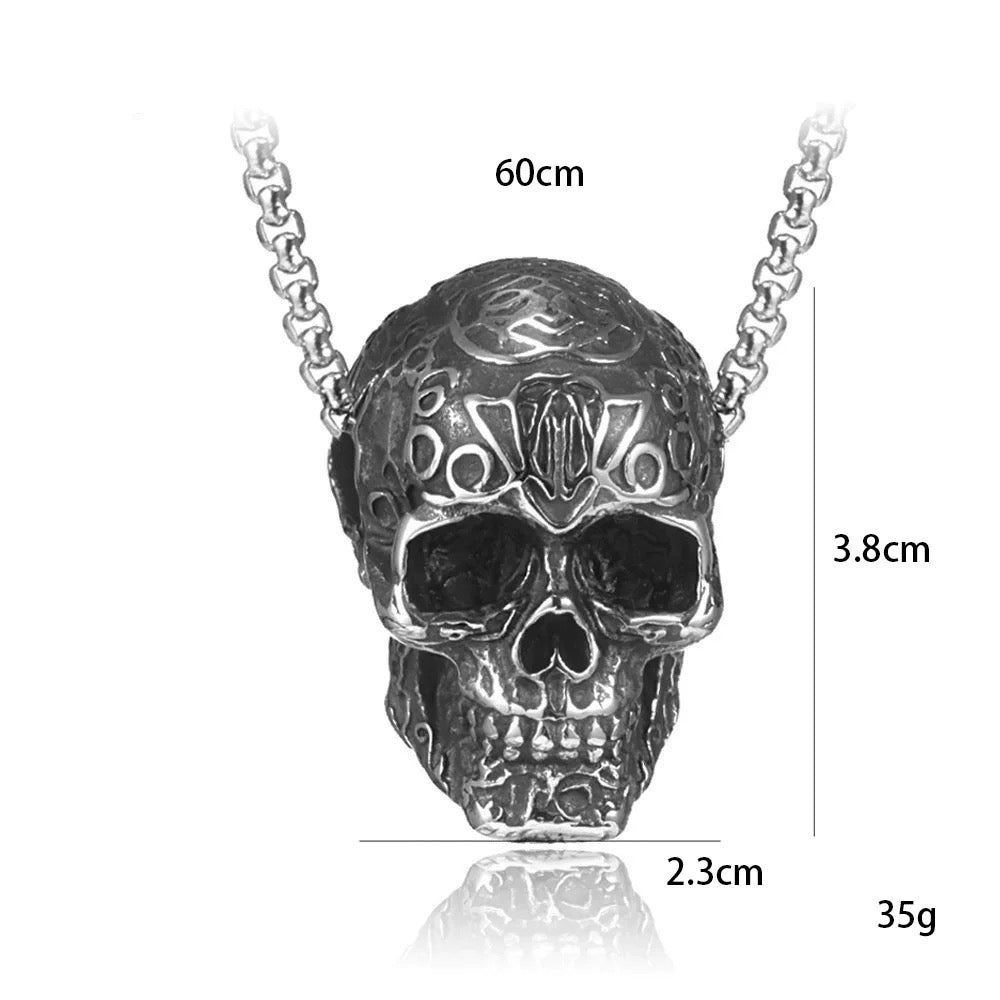 Vintage Gothic Skull Pendant Necklace – Engraved Punk Rock Jewelry