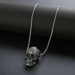 Vintage Gothic Skull Pendant Necklace – Engraved Punk Rock Jewelry