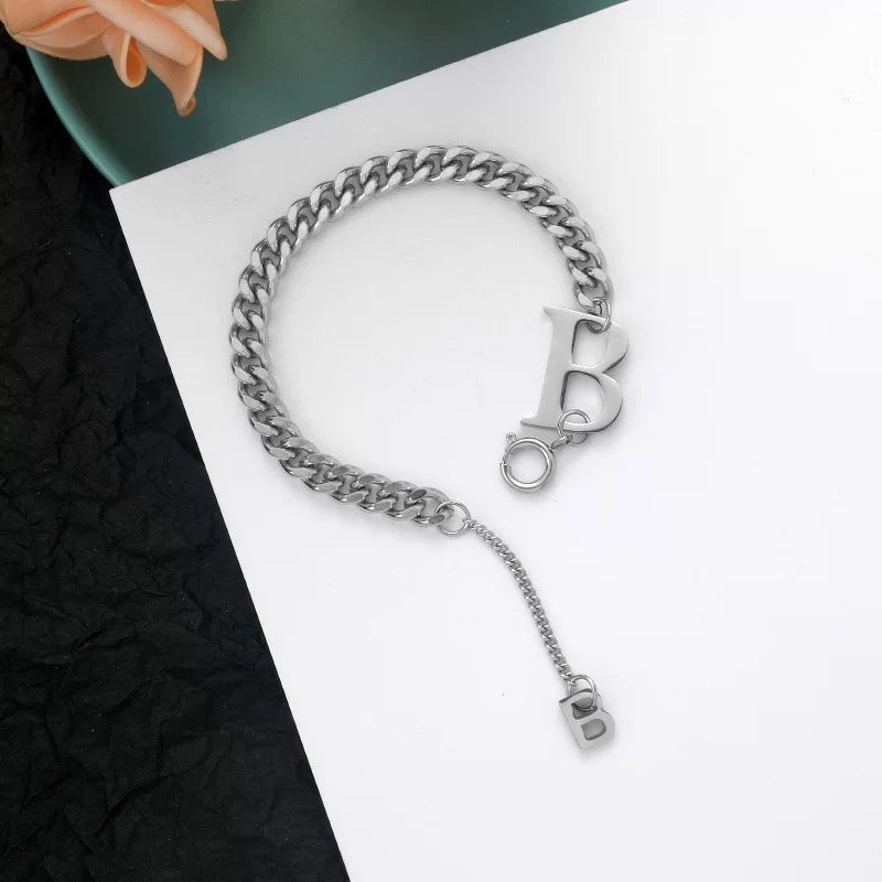 Stainless Steel Chunky Chain Bracelet with Letter B Charm