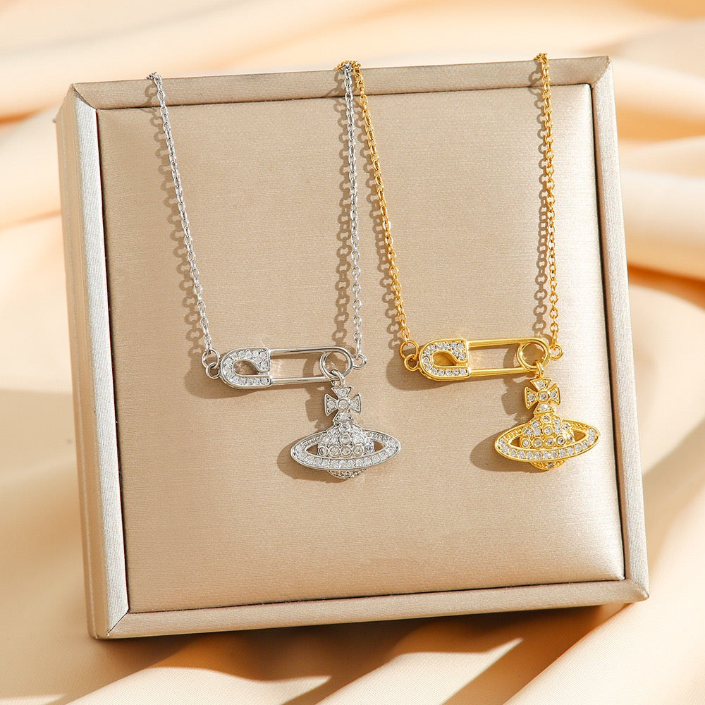 Safety Pin Planet Pendant Necklace – Gold &amp; Silver Crystal Charm