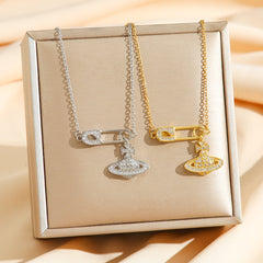 Safety Pin Planet Pendant Necklace – Gold &amp; Silver Crystal Charm