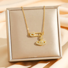 Safety Pin Planet Pendant Necklace – Gold &amp; Silver Crystal Charm