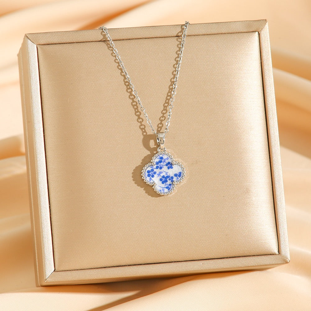 Blue Floral Clover Pendant Necklace