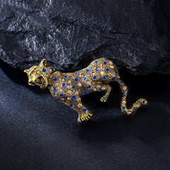 Vintage Alloy Leopard Brooch with Blue and Champagne Crystals