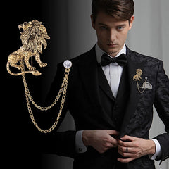 Vintage Alloy Lion Brooch with Double Chain – Men's Suit Lapel Pin
