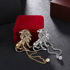 Vintage Alloy Lion Brooch with Double Chain – Men's Suit Lapel Pin