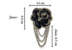 Vintage Alloy Black Rose Brooch with Triple Chain – Elegant Lapel Pin