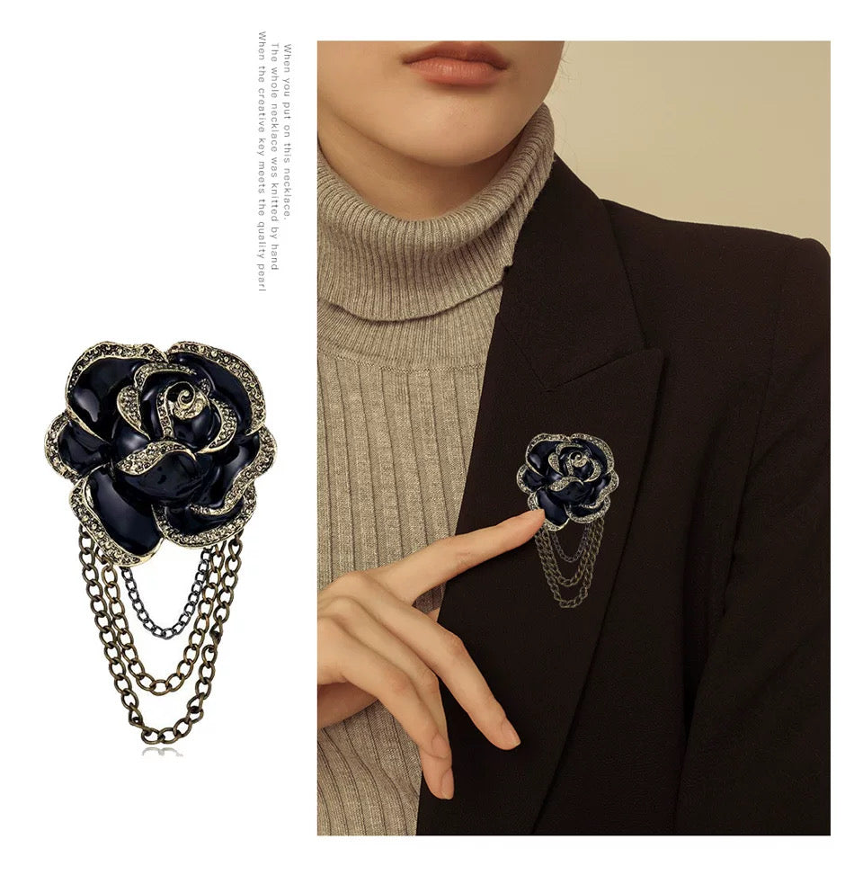 Vintage Alloy Black Rose Brooch with Triple Chain – Elegant Lapel Pin
