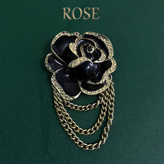 Vintage Alloy Black Rose Brooch with Triple Chain – Elegant Lapel Pin