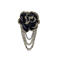 Vintage Alloy Black Rose Brooch with Triple Chain – Elegant Lapel Pin