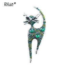 Vintage Alloy Green Crystal Cat Brooch – Elegant Animal Lapel Pin