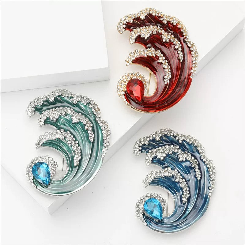 Crystal Wave Statement Brooch – Ocean Inspired Enamel Pin