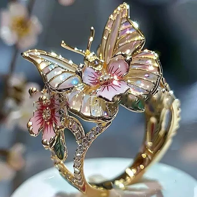 Luxury Alloy Enamel Butterfly and Blossom Ring