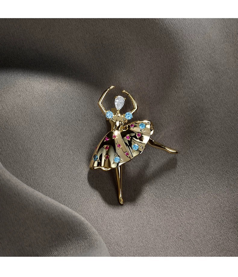 Gold Ballerina Brooch – Elegant Dancer Pin with Colorful Rhinestones