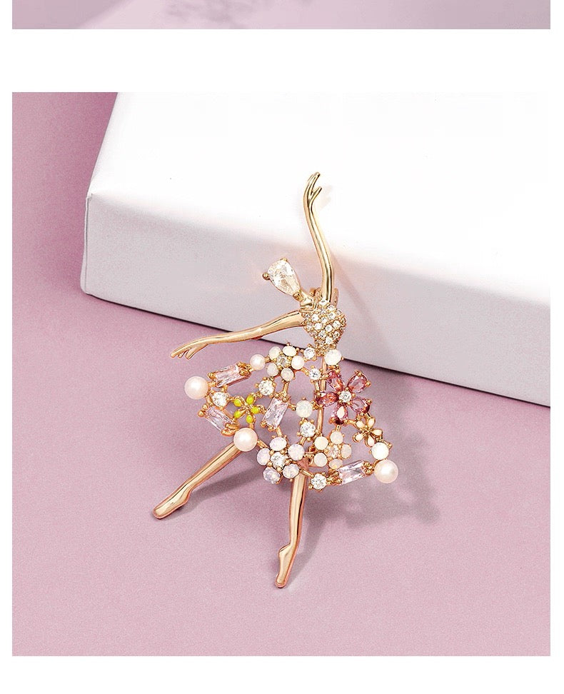 Rhinestone Ballerina Brooch – Elegant Dancer Pin with Crystal and Pearl Skirt