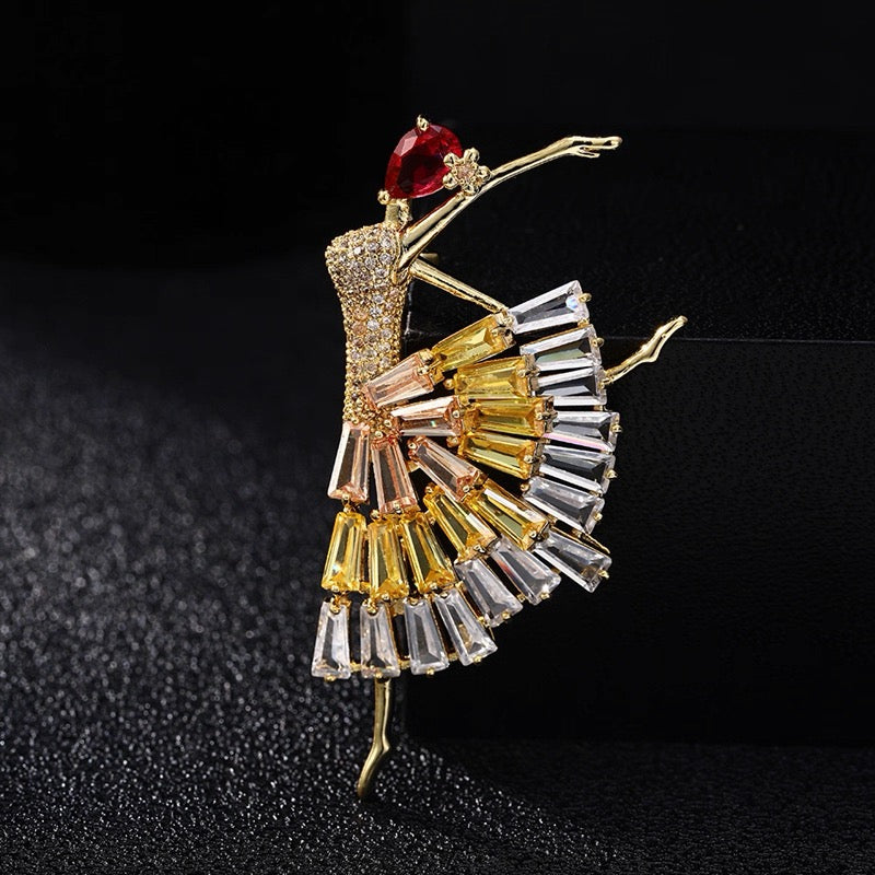 Crystal Ballerina Brooch – Elegant Dancer Pin with Colorful Gem Skirt