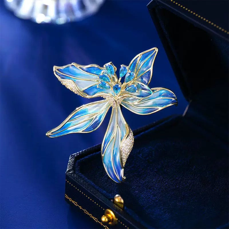 lily flower brooch Blue Enamel Lily Flower Brooch – Elegant Crystal Floral Pin – Apejewelry