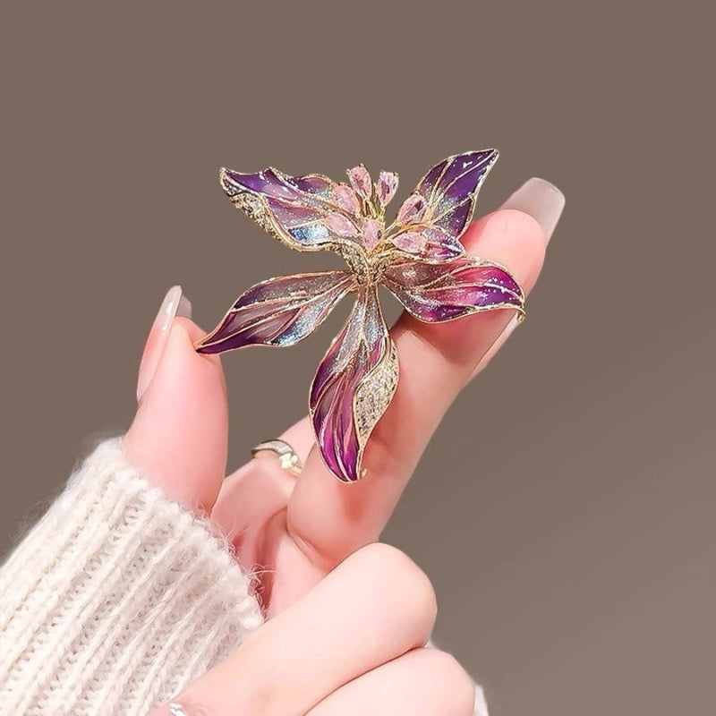 Purple Enamel Lily Flower Brooch – Sparkling Crystal Floral Pin