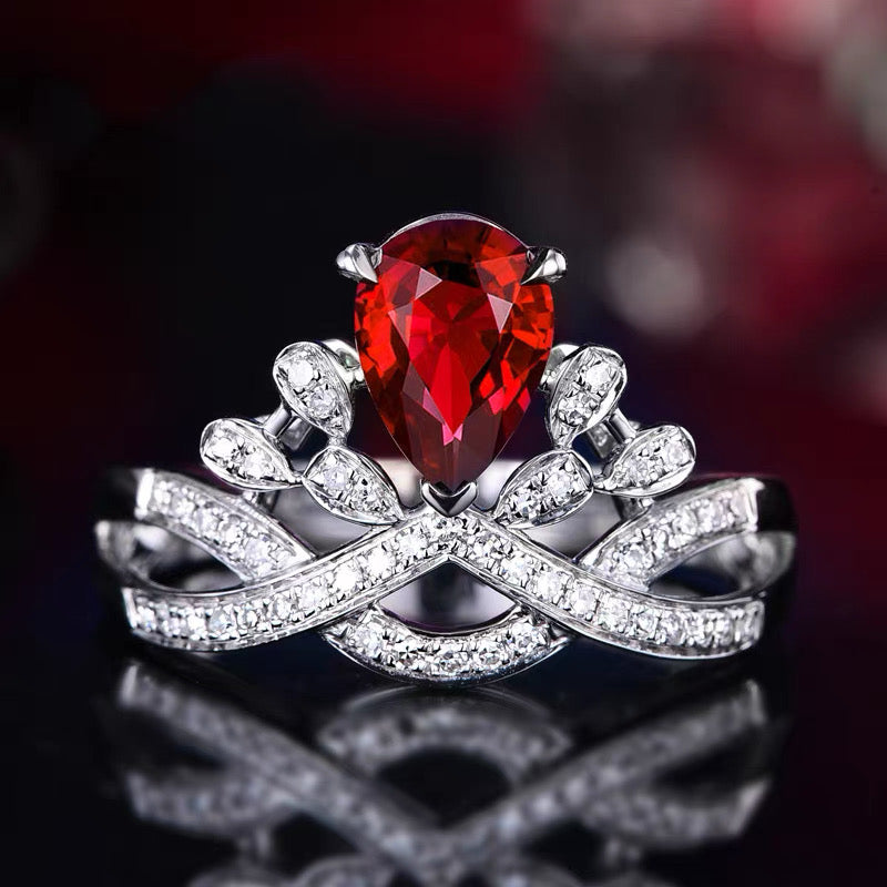 Elegant Red Zircon Crown Ring – Alloy Material | Luxurious Women's Jewelry