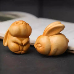 Hand-Carved Boxwood Bunny Figurine Set
